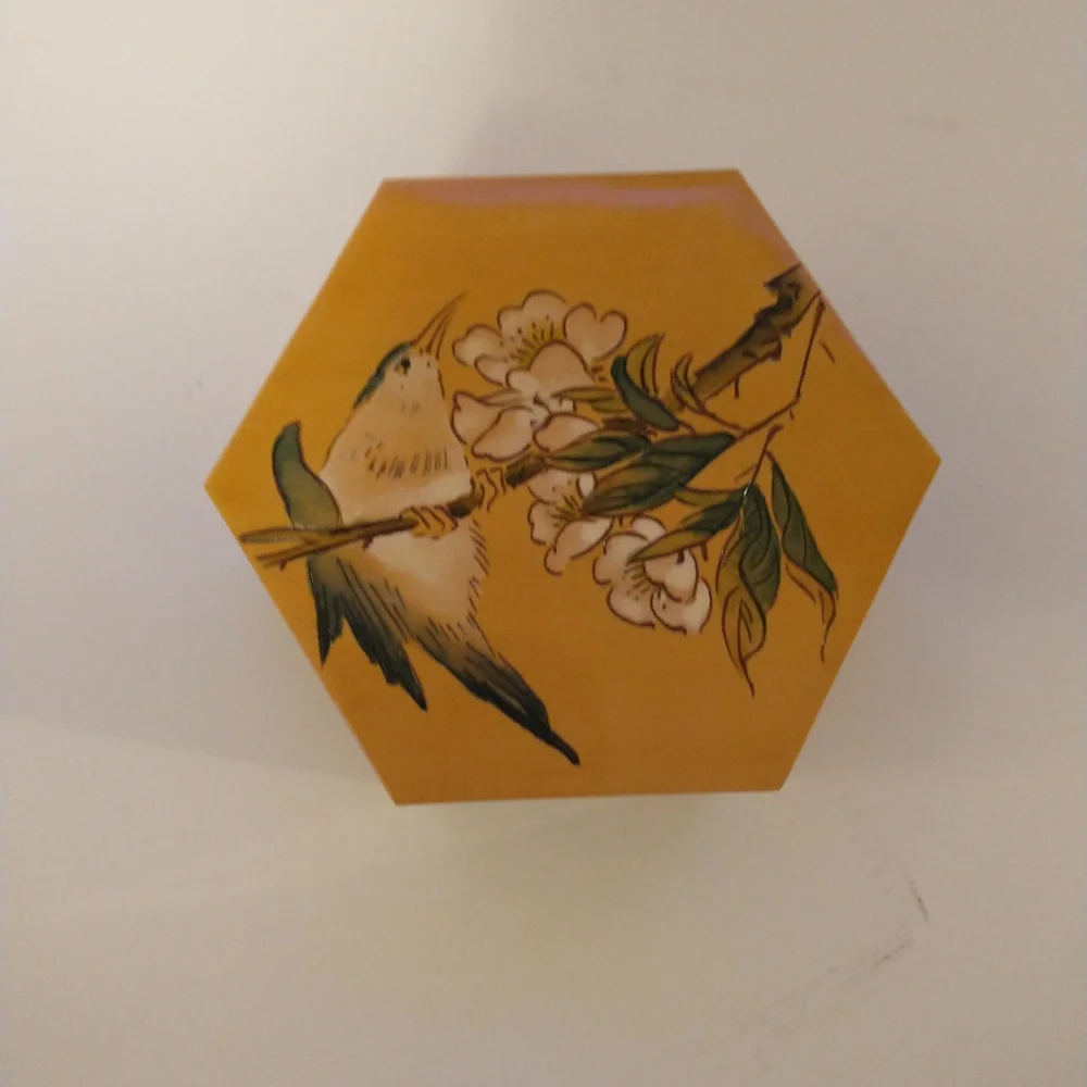 Vintage Chinese bamboo nesting hexagon boxes birds mid-century Asian Set Of 3